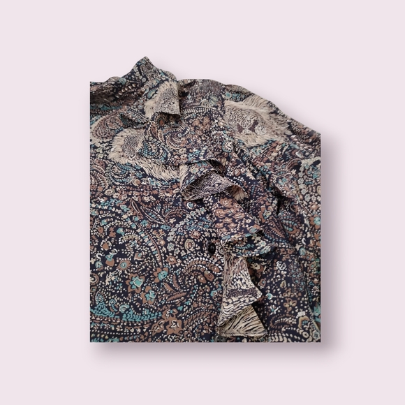 breckenridge Sheer Brown Lion Print Paisley Ruffle Neck Blouse - Picture 5 of 7